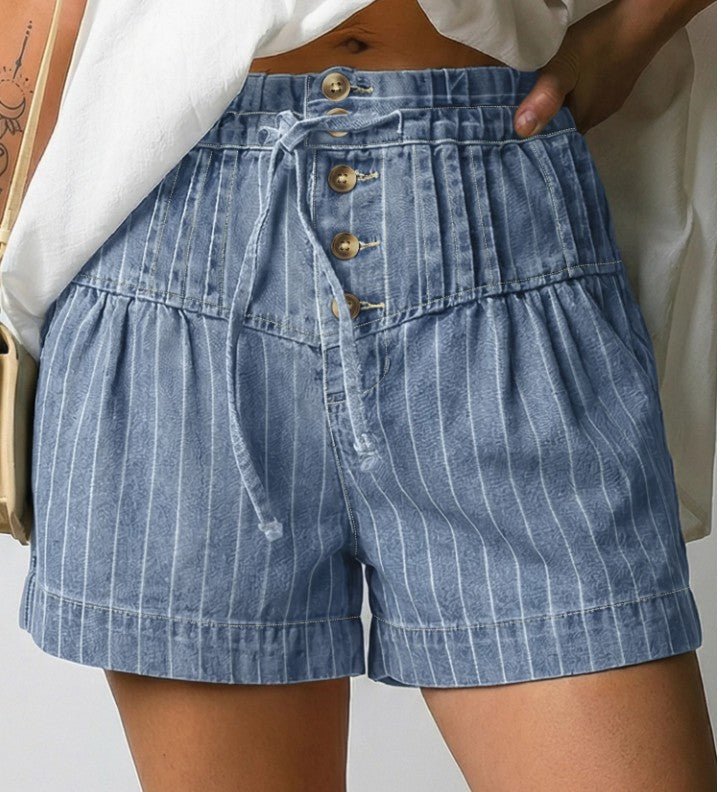 Sky Blue Striped Button Pleated High Wasted Denim Shorts - DENIM & ONYX