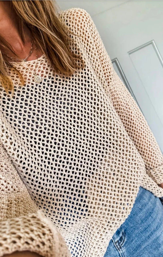 Smoke Gray Crochet Hollow-Out Jumper Top Sweater - DENIM & ONYX