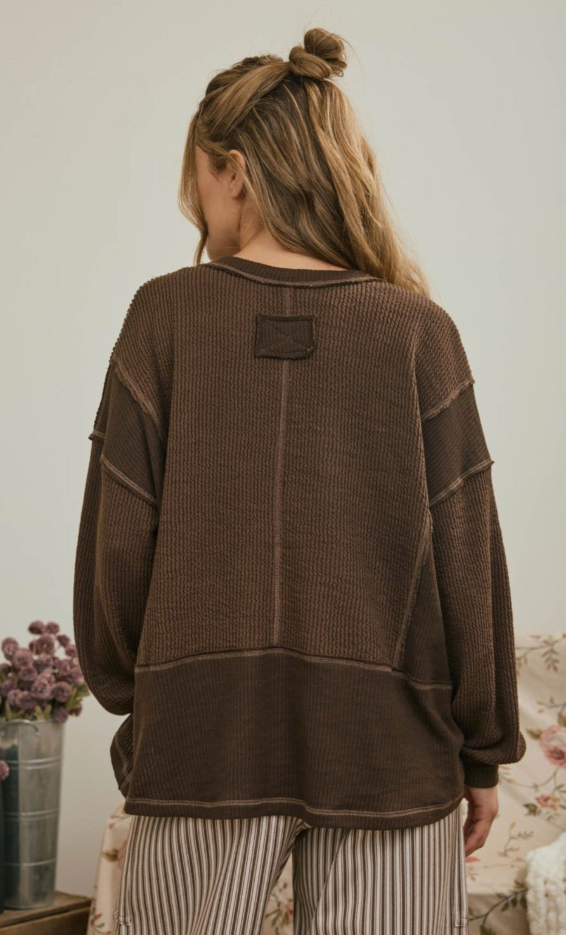 Split Neck Raw Edge Knit Top - DENIM & ONYX