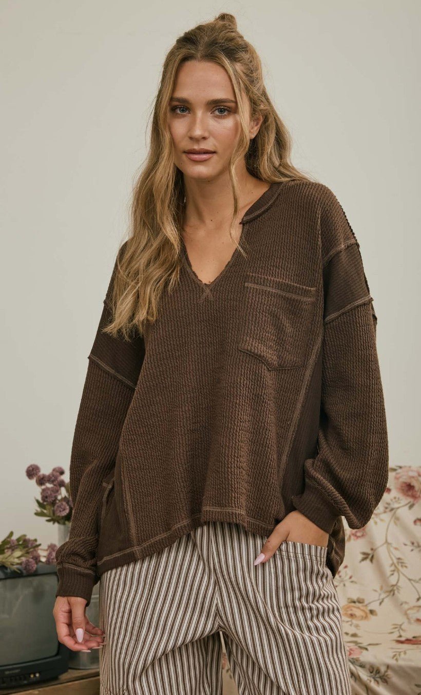 Split Neck Raw Edge Knit Top - DENIM & ONYX