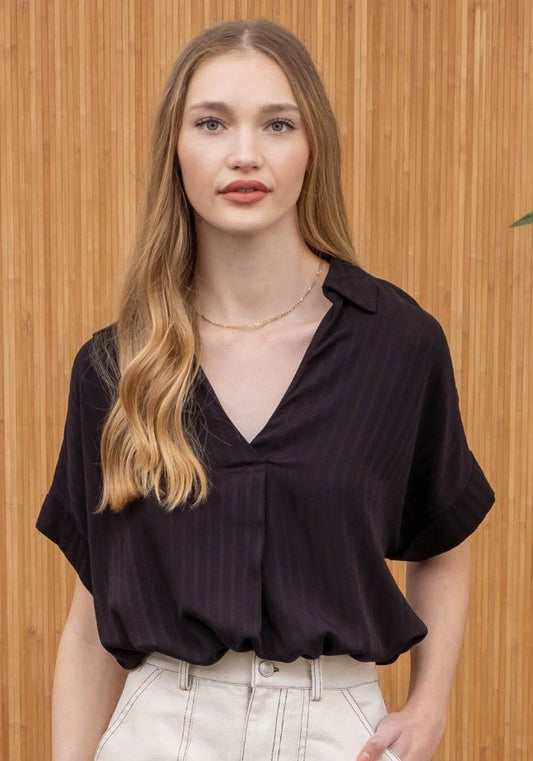 Striped Collared Split Neck Top - DENIM & ONYX