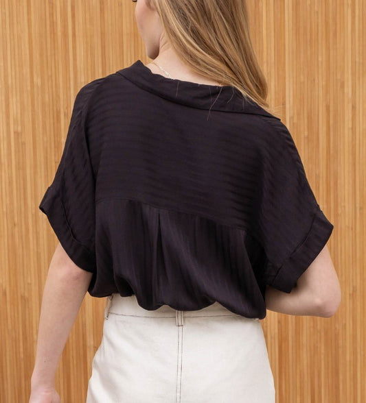 Striped Collared Split Neck Top - DENIM & ONYX