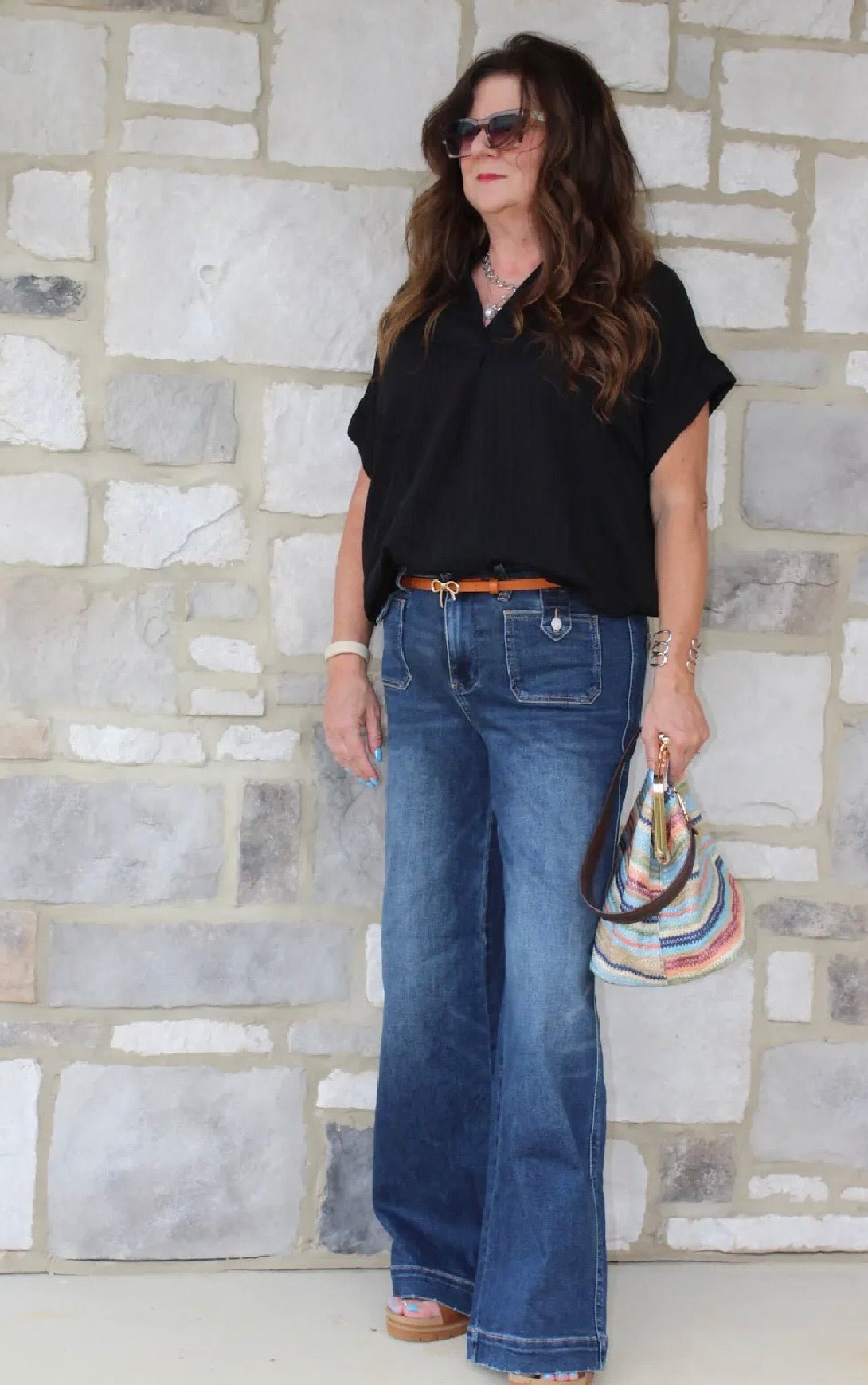 Striped Collared Split Neck Top - DENIM & ONYX