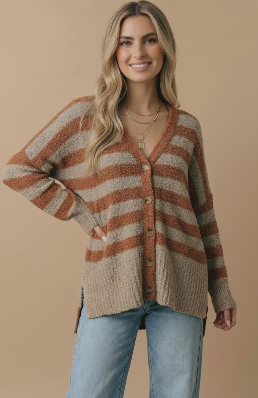 V Neck Stripe Oversized Fit Cardigan - DENIM & ONYX