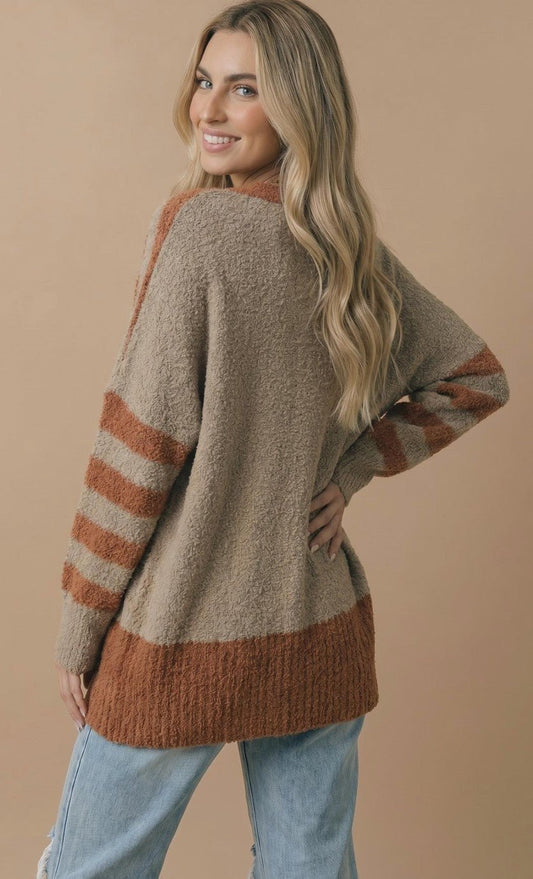V Neck Stripe Oversized Fit Cardigan - DENIM & ONYX