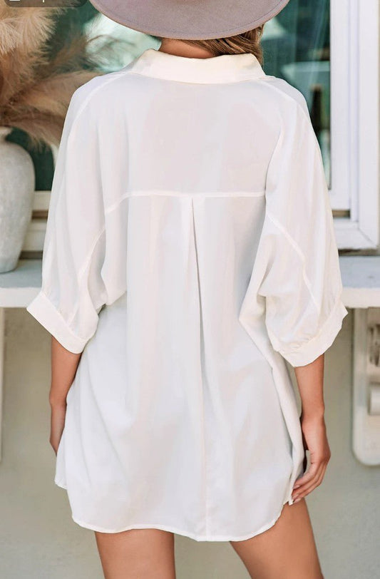 White 3/4 Puff Sleeve Oversize Shirt - DENIM & ONYX