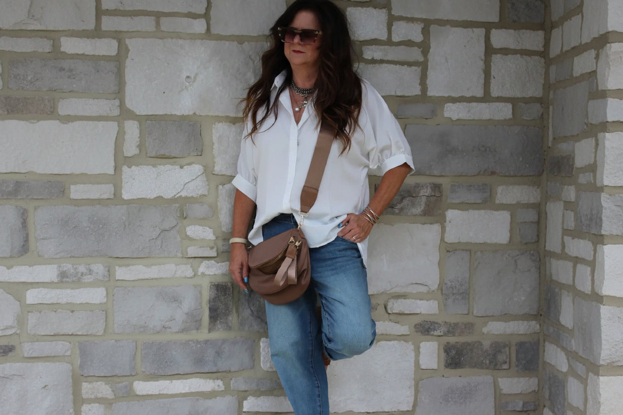 White 3/4 Puff Sleeve Oversize Shirt - DENIM & ONYX