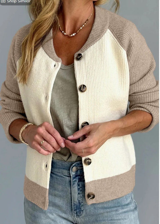 White Color Block Ribbed Knit Button Down Sweater Cardigan - DENIM & ONYX