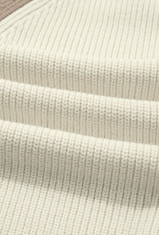 White Color Block Ribbed Knit Button Down Sweater Cardigan - DENIM & ONYX