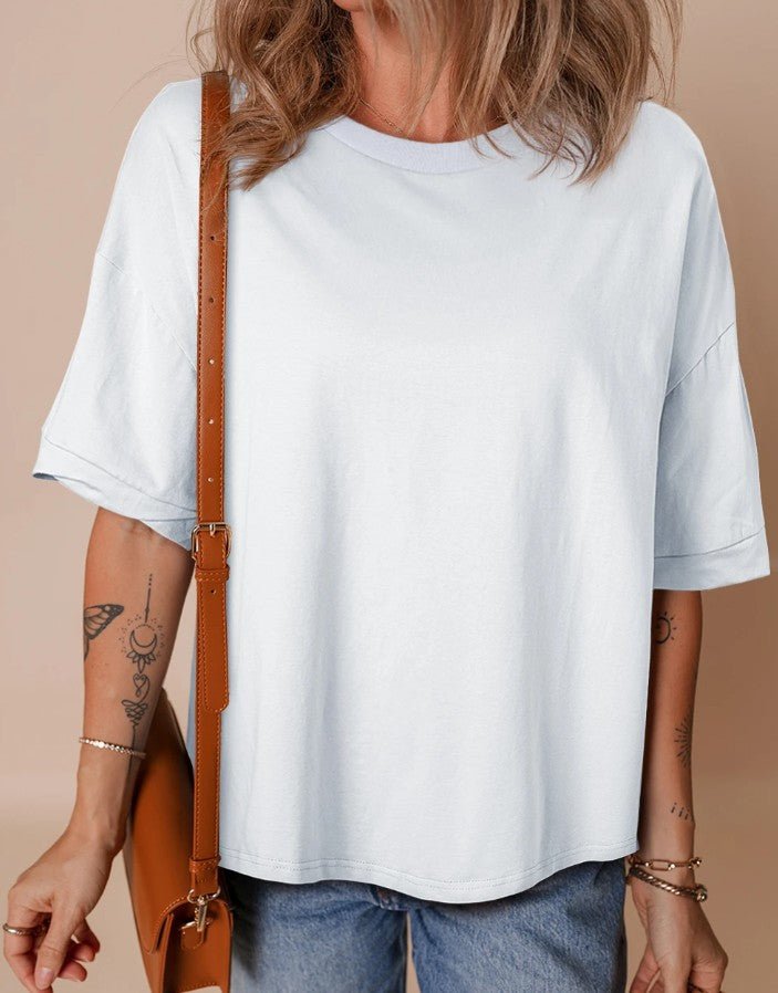 White Loose Half Sleeve Hi Low Hem T shirt - DENIM & ONYX