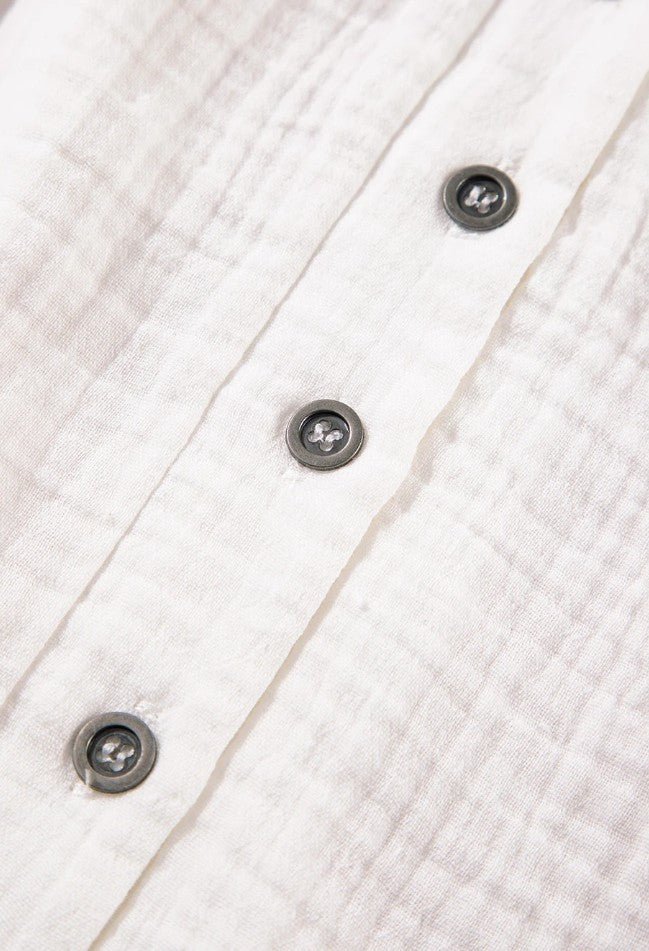 White Textured Short Sleeve Button Down Frayed Blouse - DENIM & ONYX