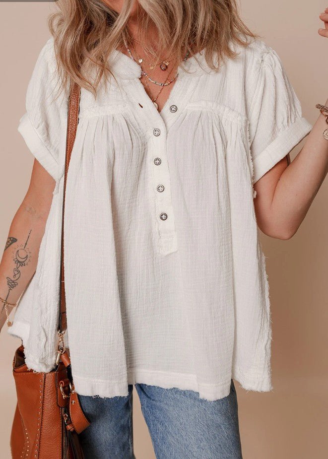 White Textured Short Sleeve Button Down Frayed Blouse - DENIM & ONYX