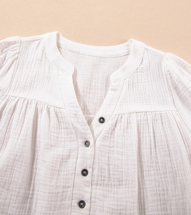White Textured Short Sleeve Button Down Frayed Blouse - DENIM & ONYX