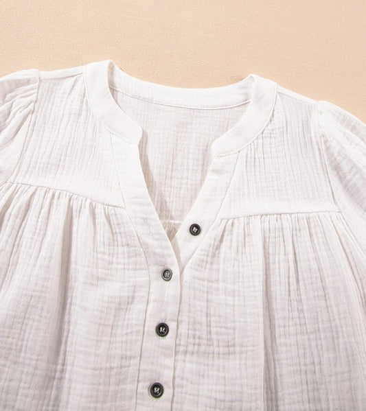 White Textured Short Sleeve Button Down Frayed Blouse - DENIM & ONYX