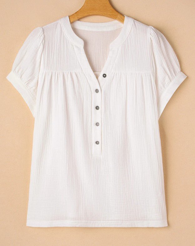 White Textured Short Sleeve Button Down Frayed Blouse - DENIM & ONYX
