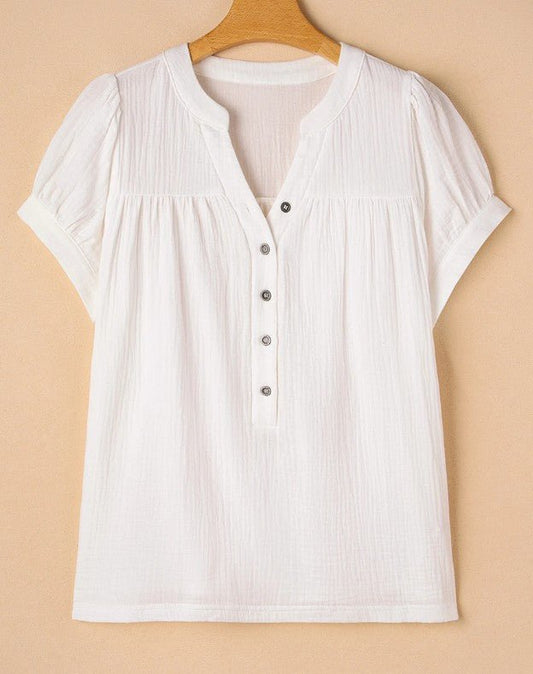 White Textured Short Sleeve Button Down Frayed Blouse - DENIM & ONYX